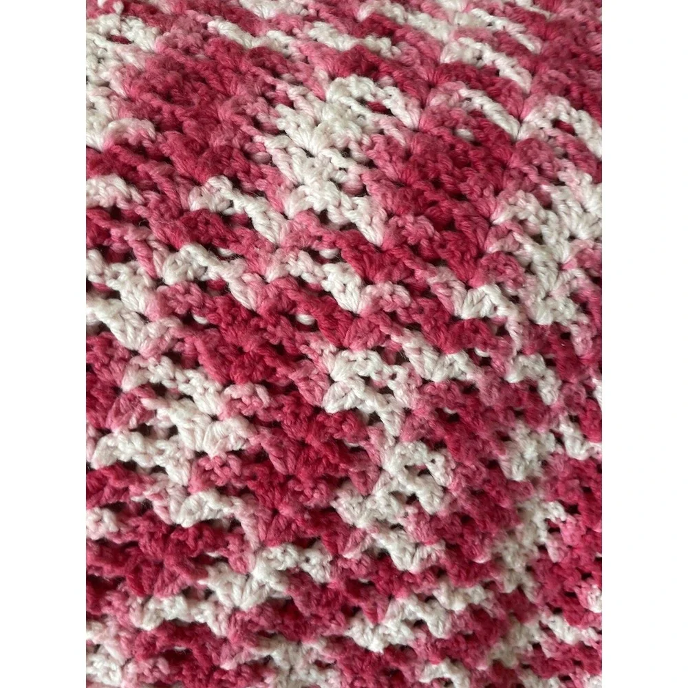 Handmade Crochet Baby Blanket Pink White Variegated Wave Pattern 34x34 Square